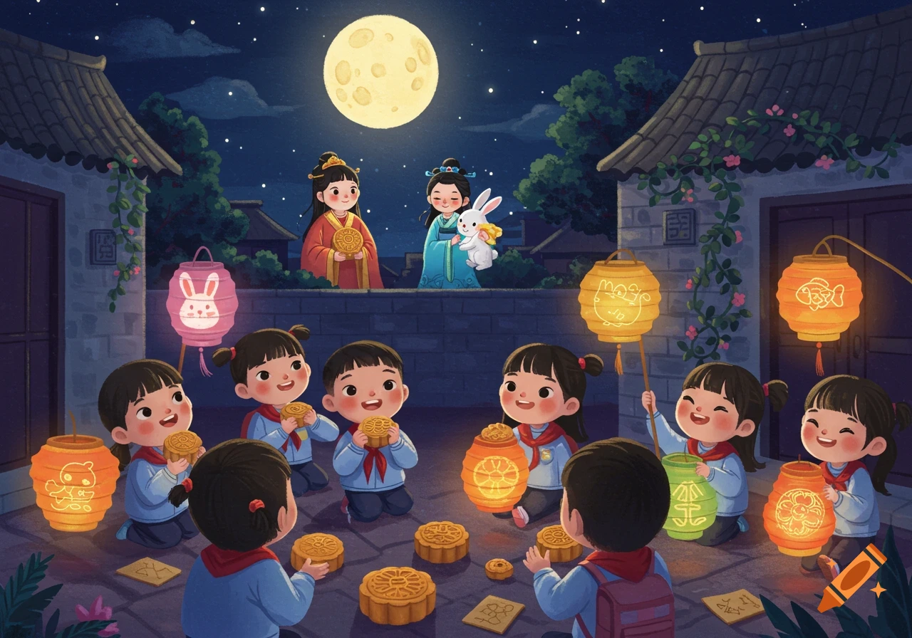 A colorful illustration of children and adults celebrating Mid-Autumn Festival under a full moon, holding lanterns and eating mooncakes in a courtyard.