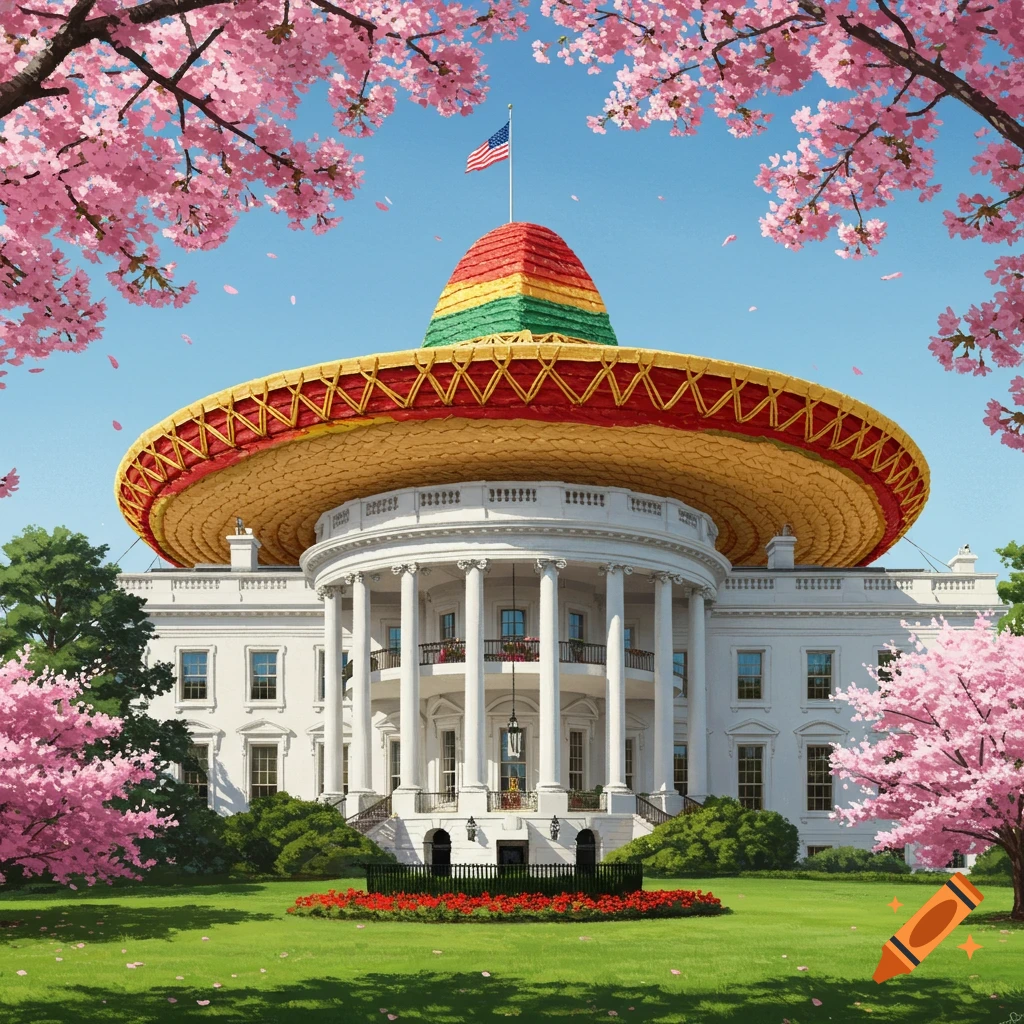 The White House with a giant sombrero on its roof, surrounded by pink cherry blossoms and green lawn under a blue sky.