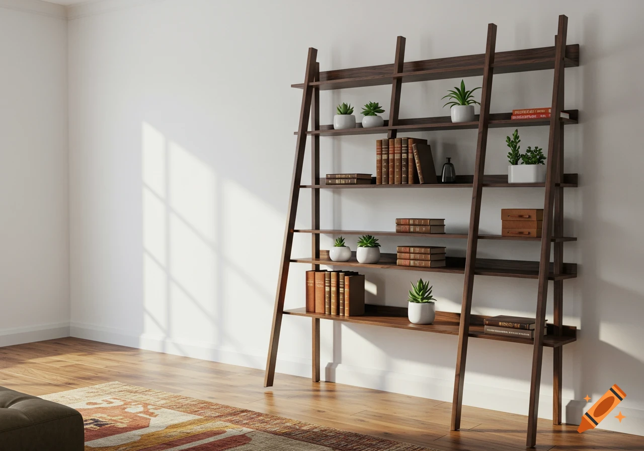 A dark wood ladder bookcase with multiple shelves filled with books and potted plants sits against a white wall in a bright room.