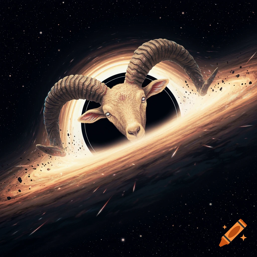 A light-tan goat head with large horns emerges from a swirling, glowing black hole in a starry cosmic background.