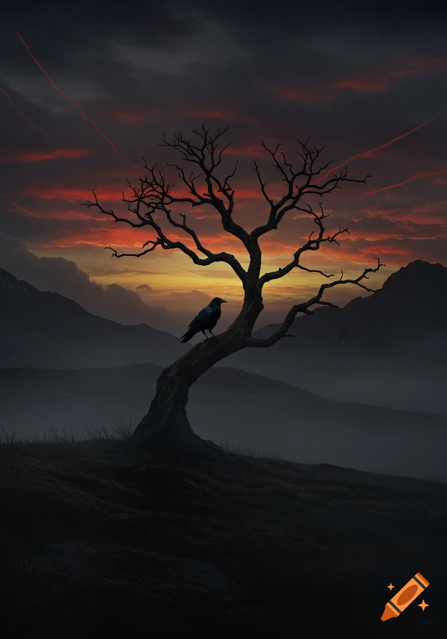 A black crow perches on a bare, crooked tree in a dark, misty landscape at twilight, with red-streaked skies and distant mountains.