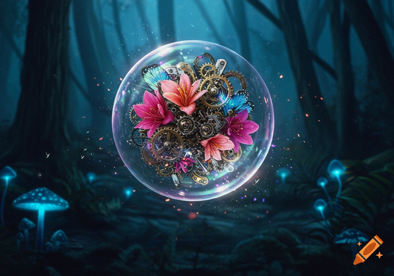 A glowing bubble containing pink flowers, gears, and blue butterflies floats in a dark fantasy forest with luminous blue mushrooms.