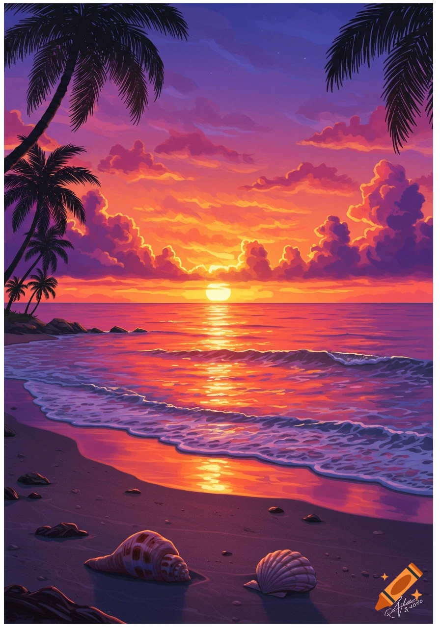 Vibrant digital art of a tropical beach sunset with palm trees, orange sky, and seashells on the sand.