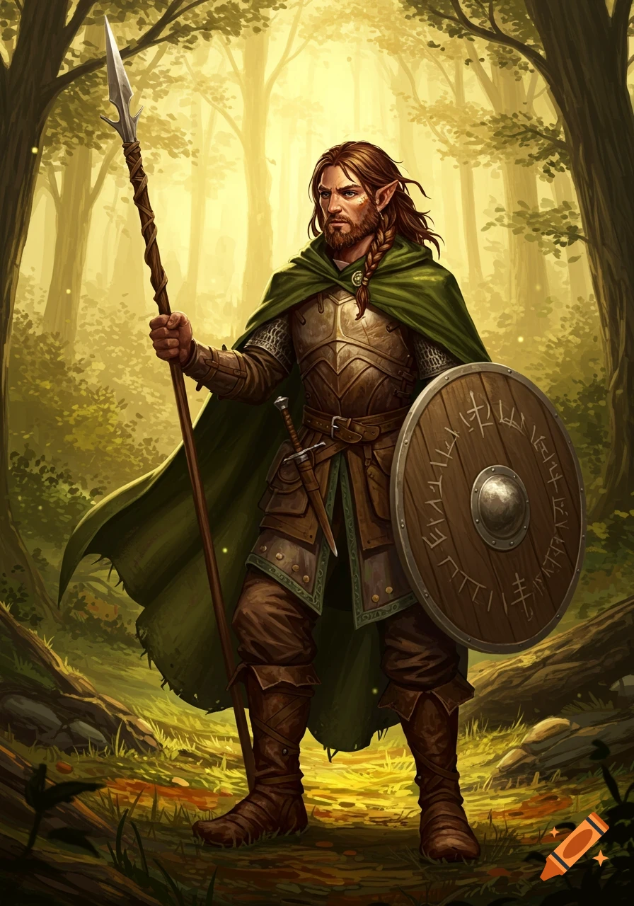 A male elf-like druid in studded leather armor and a green cloak, holding a spear and an ornamented round shield, stands in a golden-lit forest.