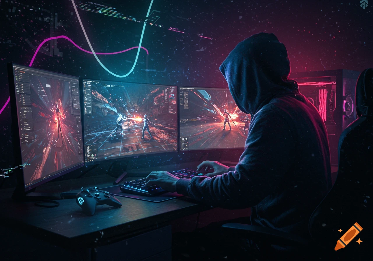 A person in a hoodie plays a video game on three monitors in a dark room with neon lights, showing digital combat scenes.