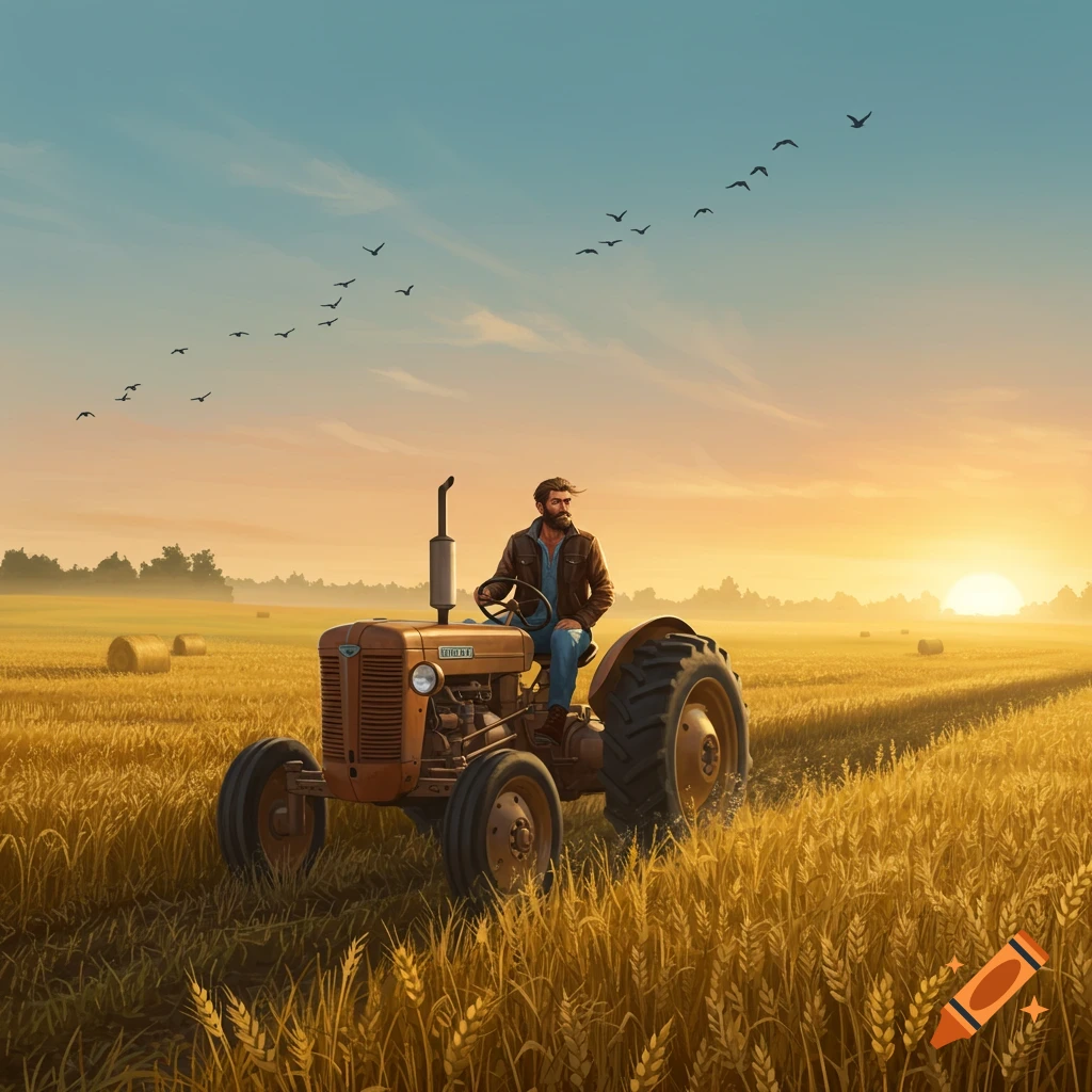 A bearded man drives an old tractor through a golden wheat field at sunset, with birds flying above, in an illustrative style.