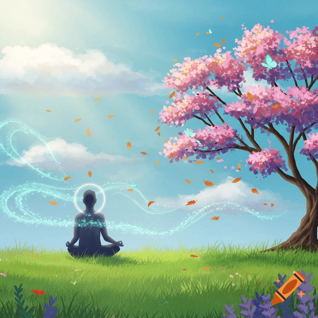 A stylized silhouette meditates under a pink cherry blossom tree in a vibrant green field with glowing blue energy.