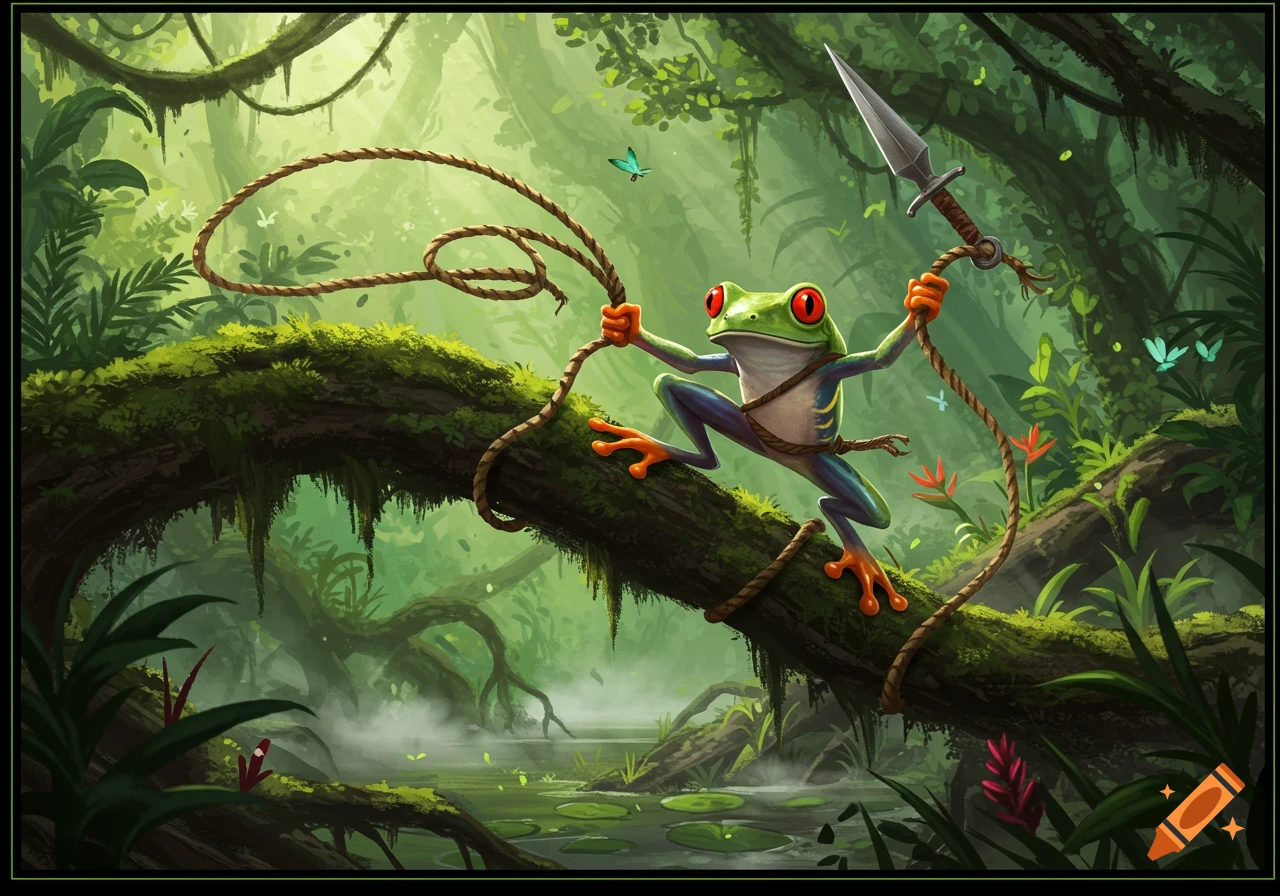 A cartoon red-eyed frog, a rogue, climbs a mossy jungle branch, holding a rope with a kunai over swampy water. Illustrated style.