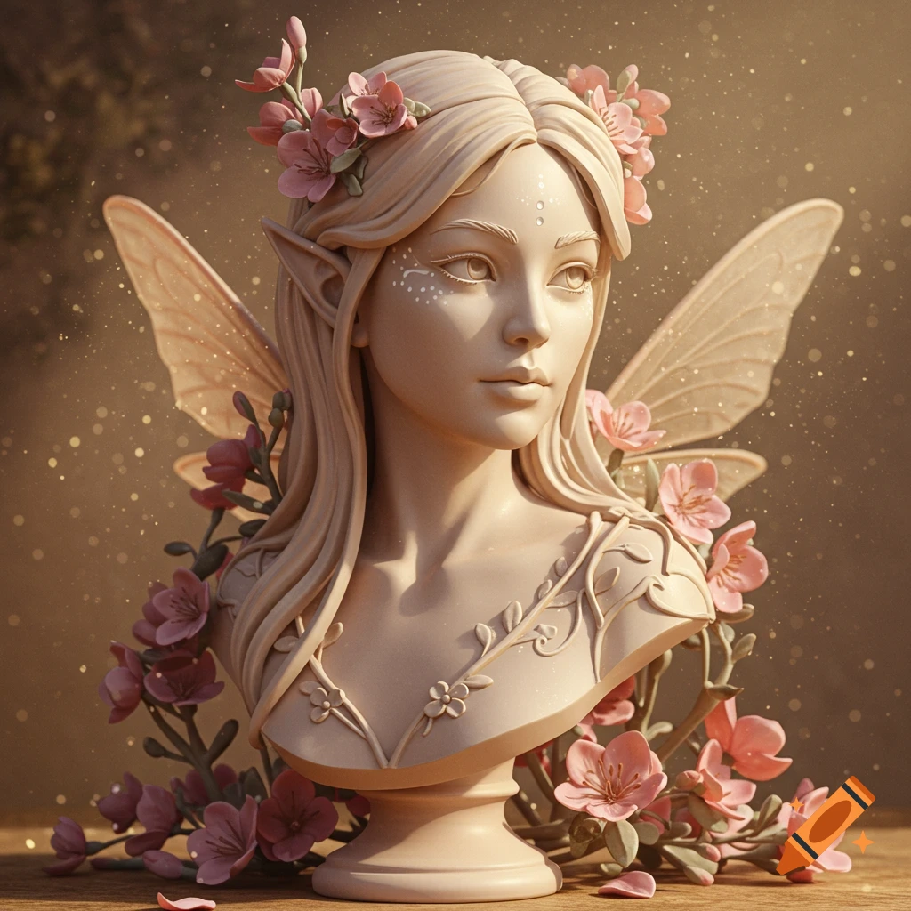 Pale pink stone bust of an elven fairy with long hair, pointed ears, delicate wings, and pink flowers, bathed in golden light.