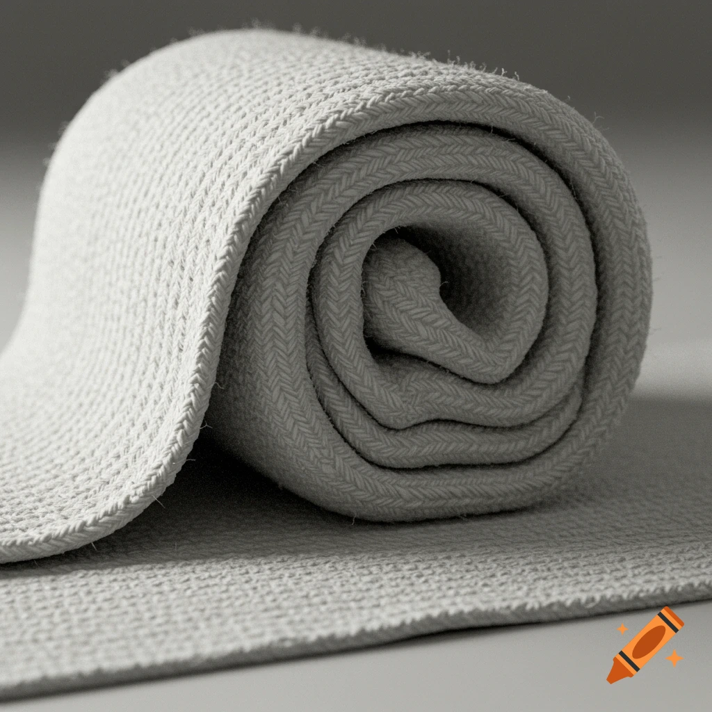 Close-up of a rolled white textured fabric with a herringbone pattern, lying on a flat surface.