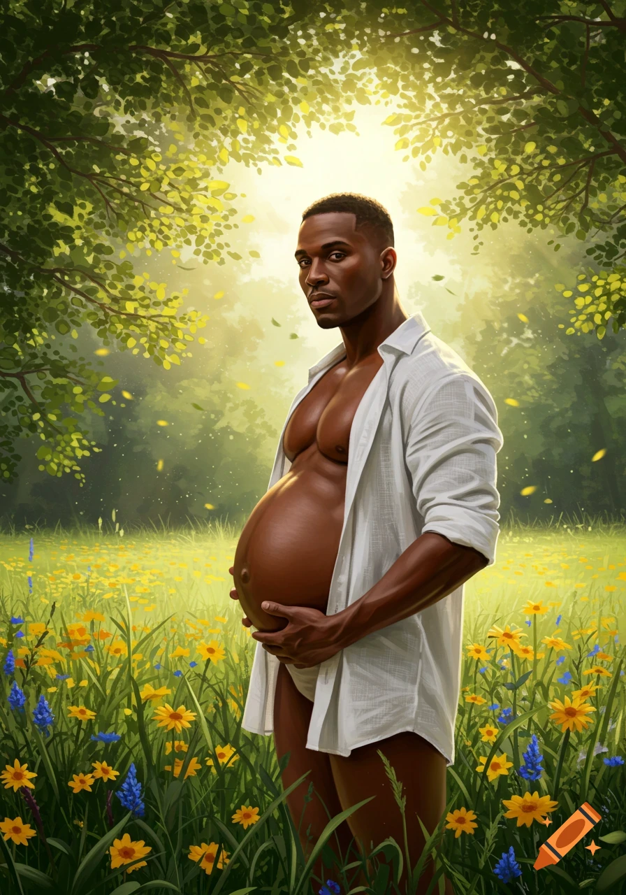 A muscular, dark-skinned pregnant man in an open white shirt and briefs stands in a sunlit meadow, holding his belly. Digital art.