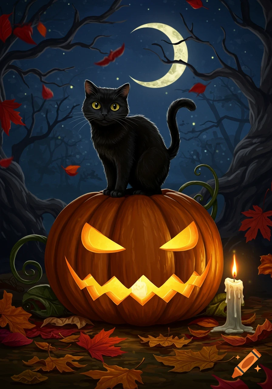 A black cat sits on a glowing jack-o'-lantern under a crescent moon in a dark, spooky forest with autumn leaves and a lit candle, in an illustrative style.