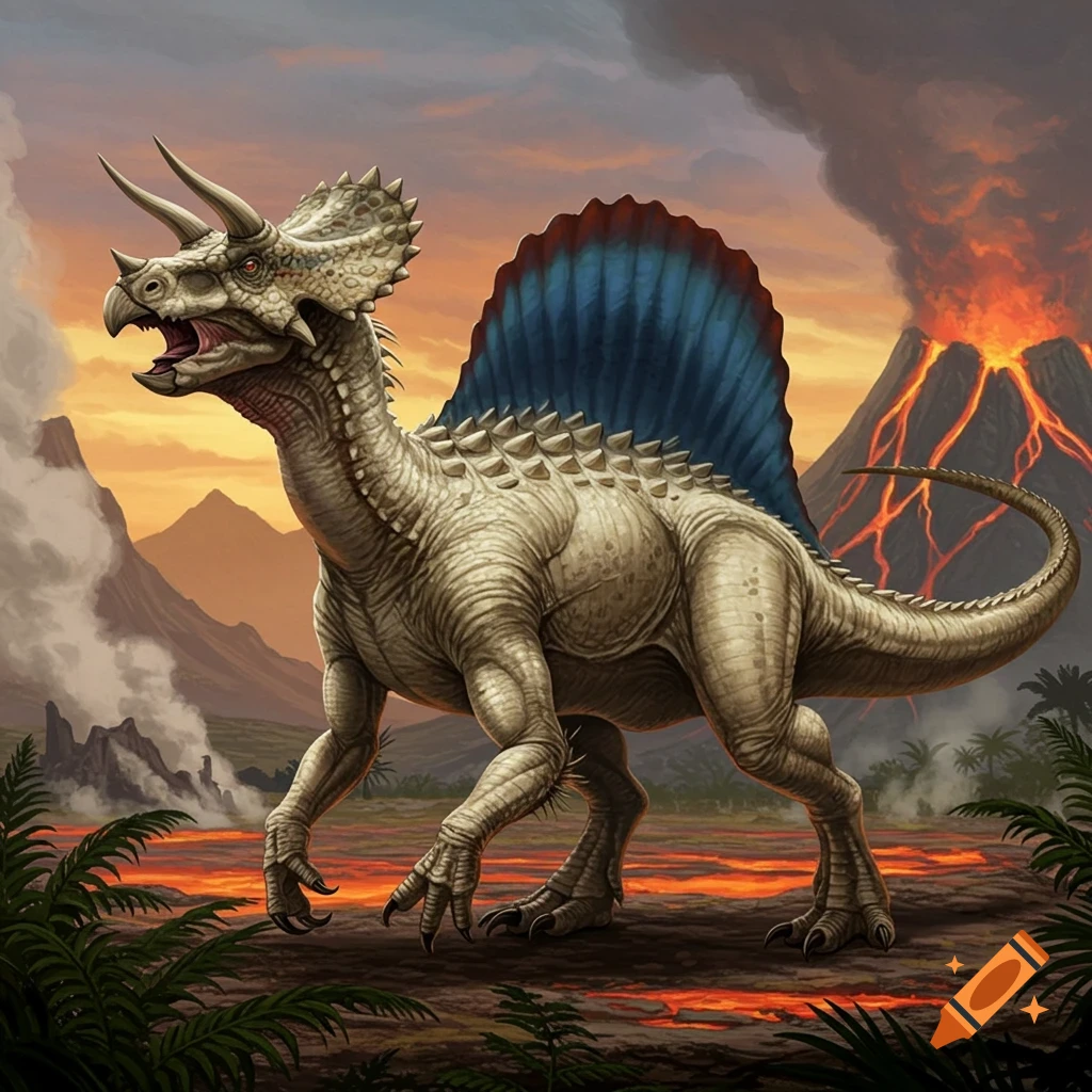 A detailed illustration of a hybrid dinosaur with a Triceratops head and a Spinosaurus sail, standing in a volcanic landscape.