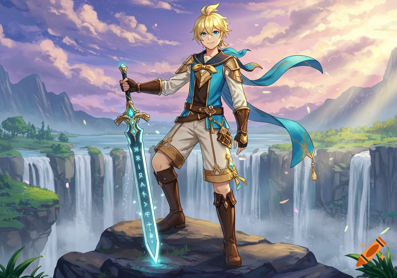Anime-style young man in blue and gold fantasy attire stands on a rock, holding a glowing sword before waterfalls and mountains.