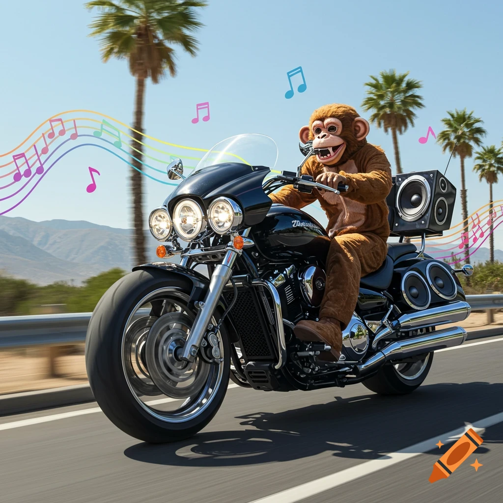 A monkey in a brown costume rides a black motorcycle with large speakers, emitting colorful musical notes, on a sunny road with palm trees.