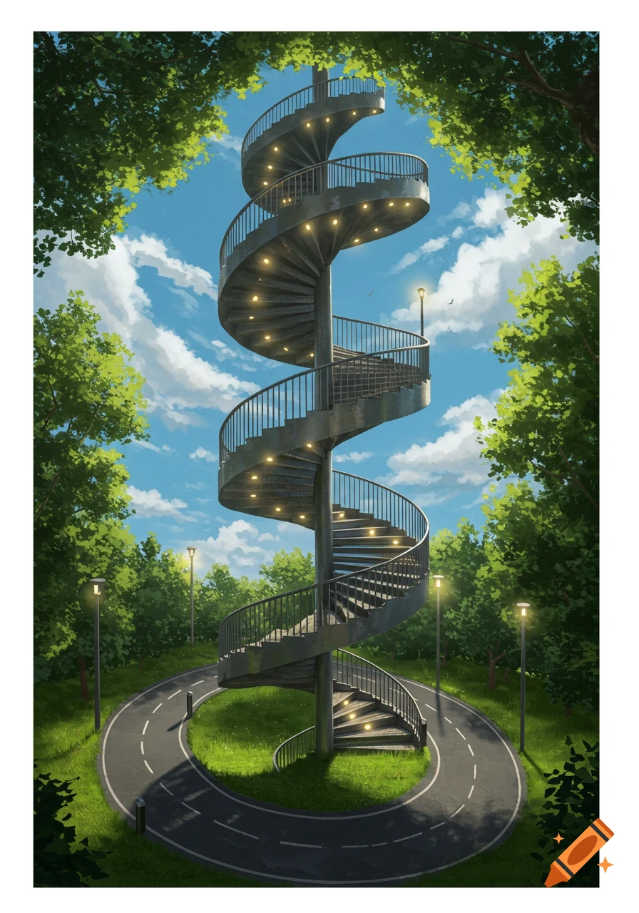A tall, metal spiral staircase with lights stands in a circular road, surrounded by lush trees under a blue, cloudy sky, in a detailed illustration.