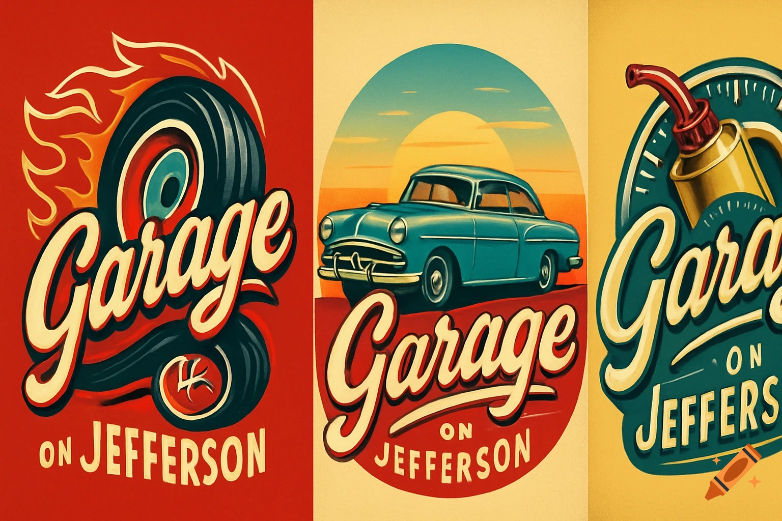 Three vintage 1950s style automotive garage logos. The first features a flaming tire. The second has a classic car at sunset. The third shows an oil can.