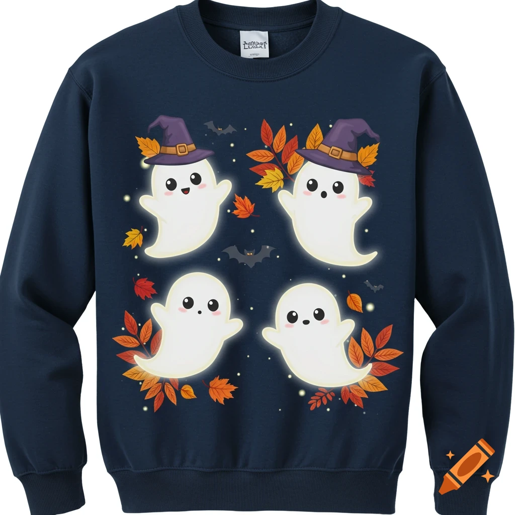 Dark blue sweatshirt featuring four glowing cartoon ghosts, two in witch hats, surrounded by autumn leaves and small bats.