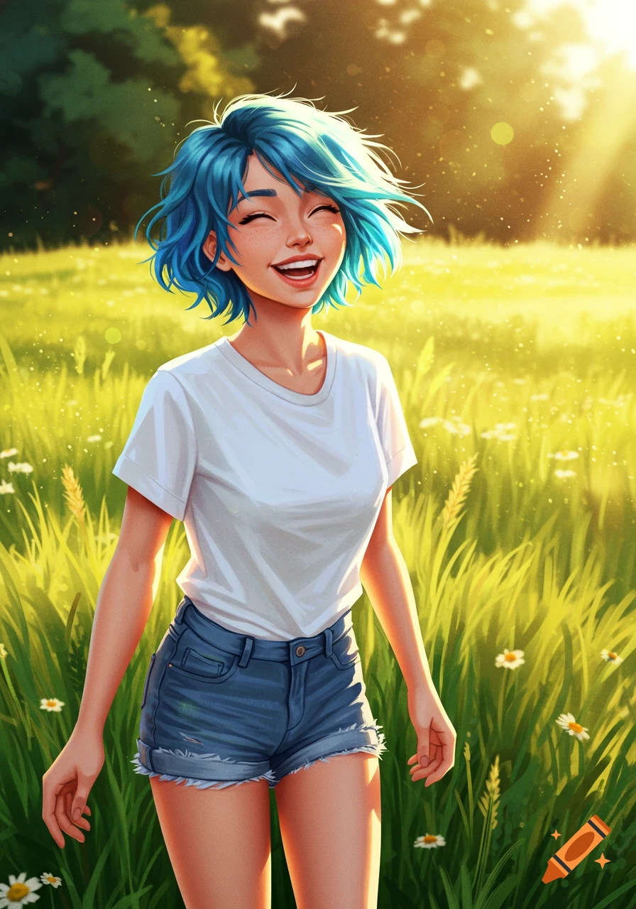 Smiling girl with blue hair in a white t-shirt and denim shorts stands in a sunny grassy field, anime style.
