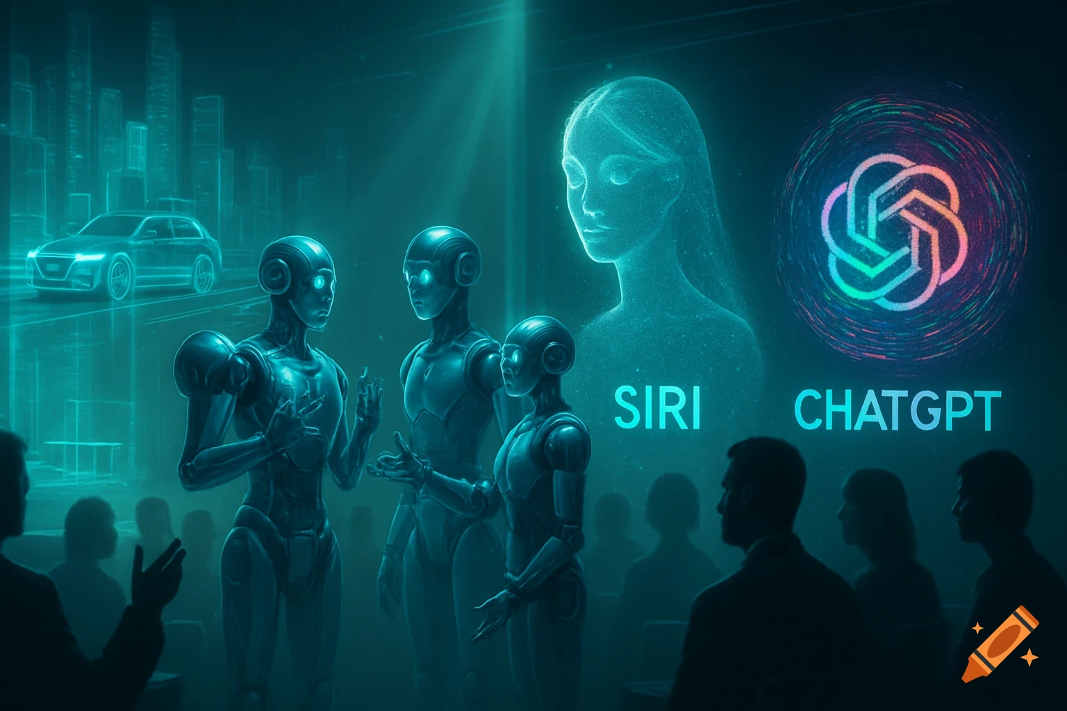 Futuristic scene with robots, holographic AI figures (Siri, ChatGPT), city, car, and audience discussing AI.