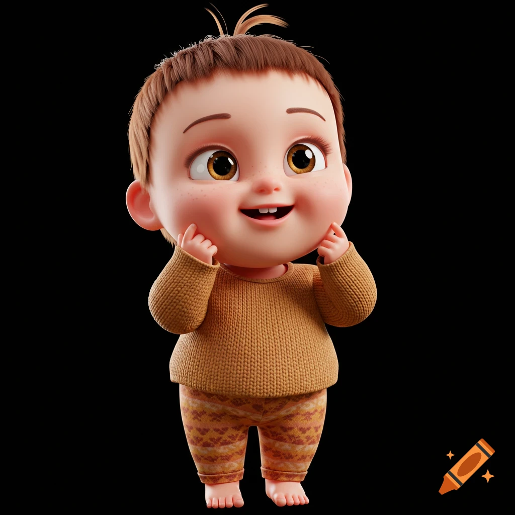 Cute, smiling 3D animated baby in a brown sweater and patterned pants on a black background.