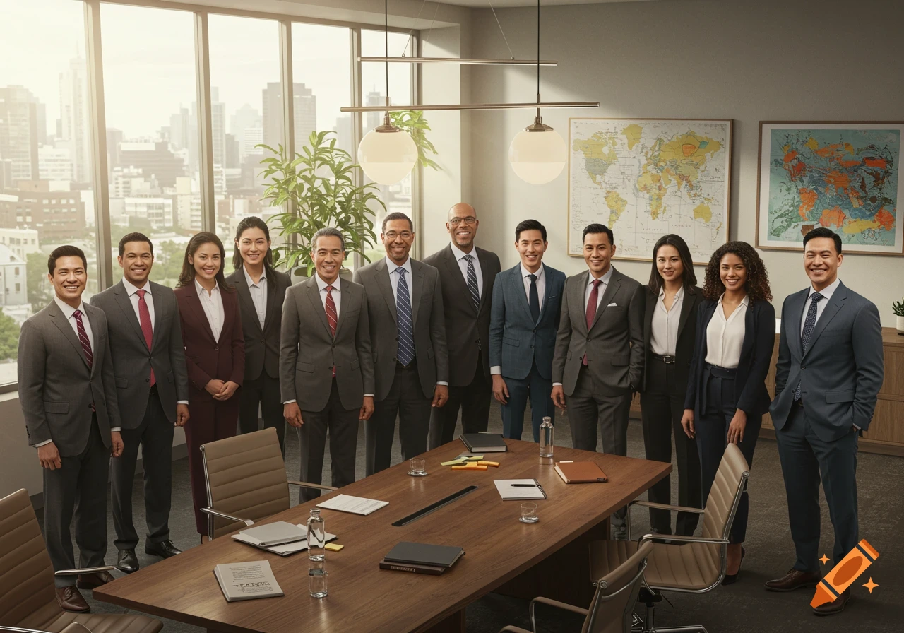 A diverse group of eleven smiling business professionals in suits stands in an office meeting room with a city skyline view.