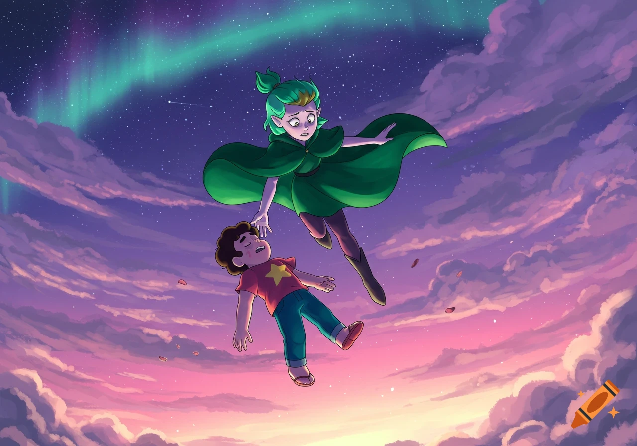 Amity Blight reaches for an unconscious Steven Universe falling through a vibrant, star-filled sky with aurora and pink clouds.
