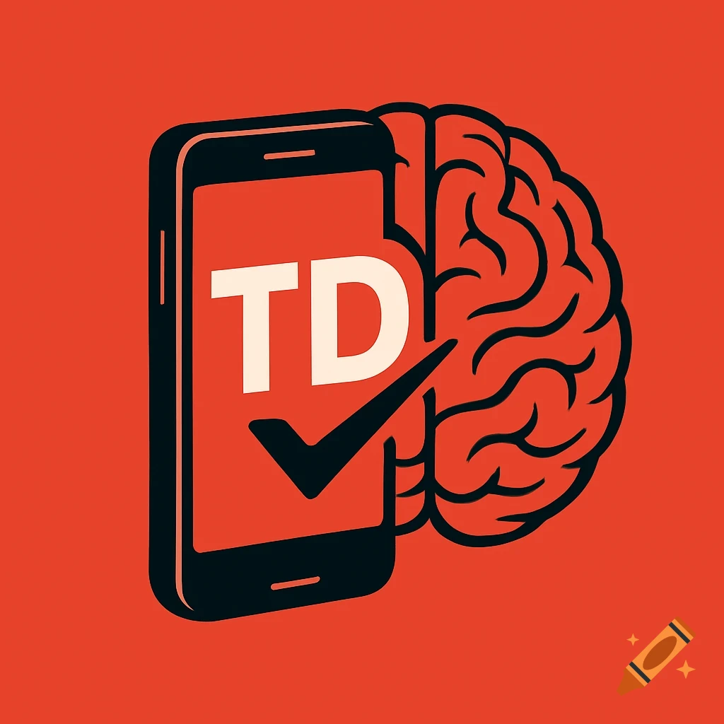 A minimalist logo with a black smartphone on a red background. The phone screen shows white 'TD' letters and a black checkmark. Behind the phone is a black outline drawing of a brain.