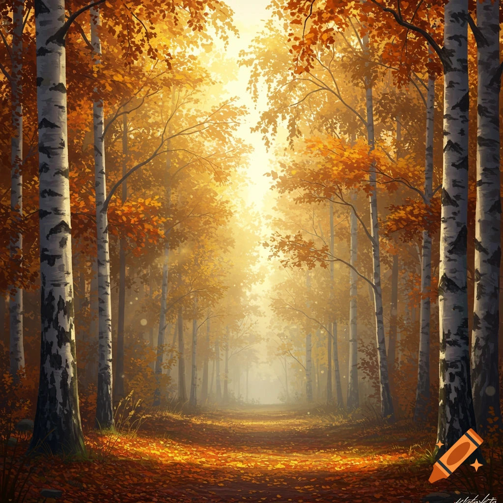 Vibrant digital painting of a sunlit autumn forest path flanked by birch trees with golden leaves.