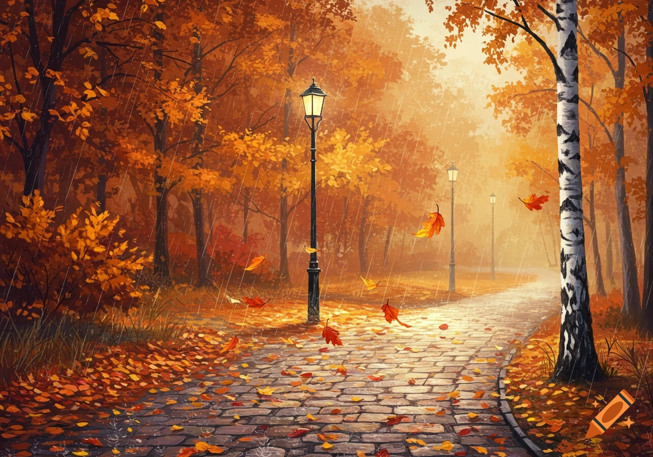 Illustrative painting of a rainy autumn park path with lampposts, a birch tree, and scattered orange leaves.
