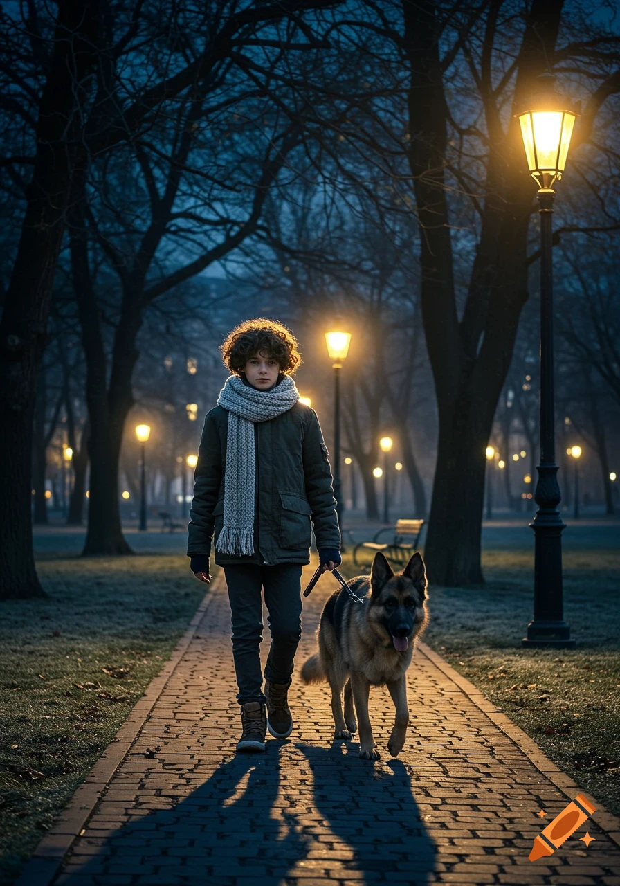 A boy with curly hair walks a German Shepherd on a leash in a dimly lit park at night, illuminated by warm streetlights.