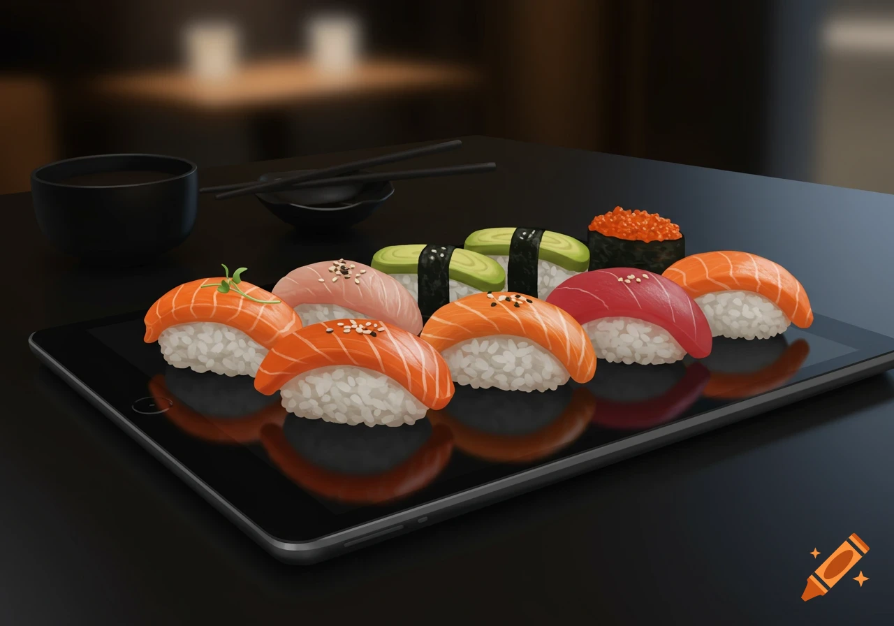 An illustration of various pieces of sushi, including salmon, tuna, avocado, and roe, resting on a black tablet. Chopsticks and a small bowl are in the background.