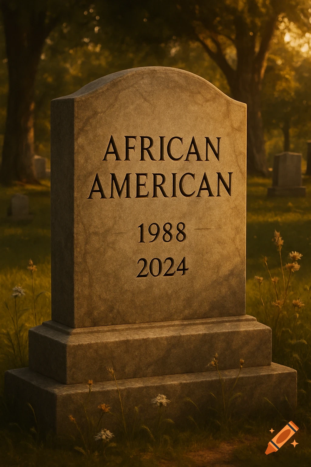 A photorealistic image of a tombstone in a graveyard, with 'AFRICAN AMERICAN' and the years '1988' and '2024' carved into it.