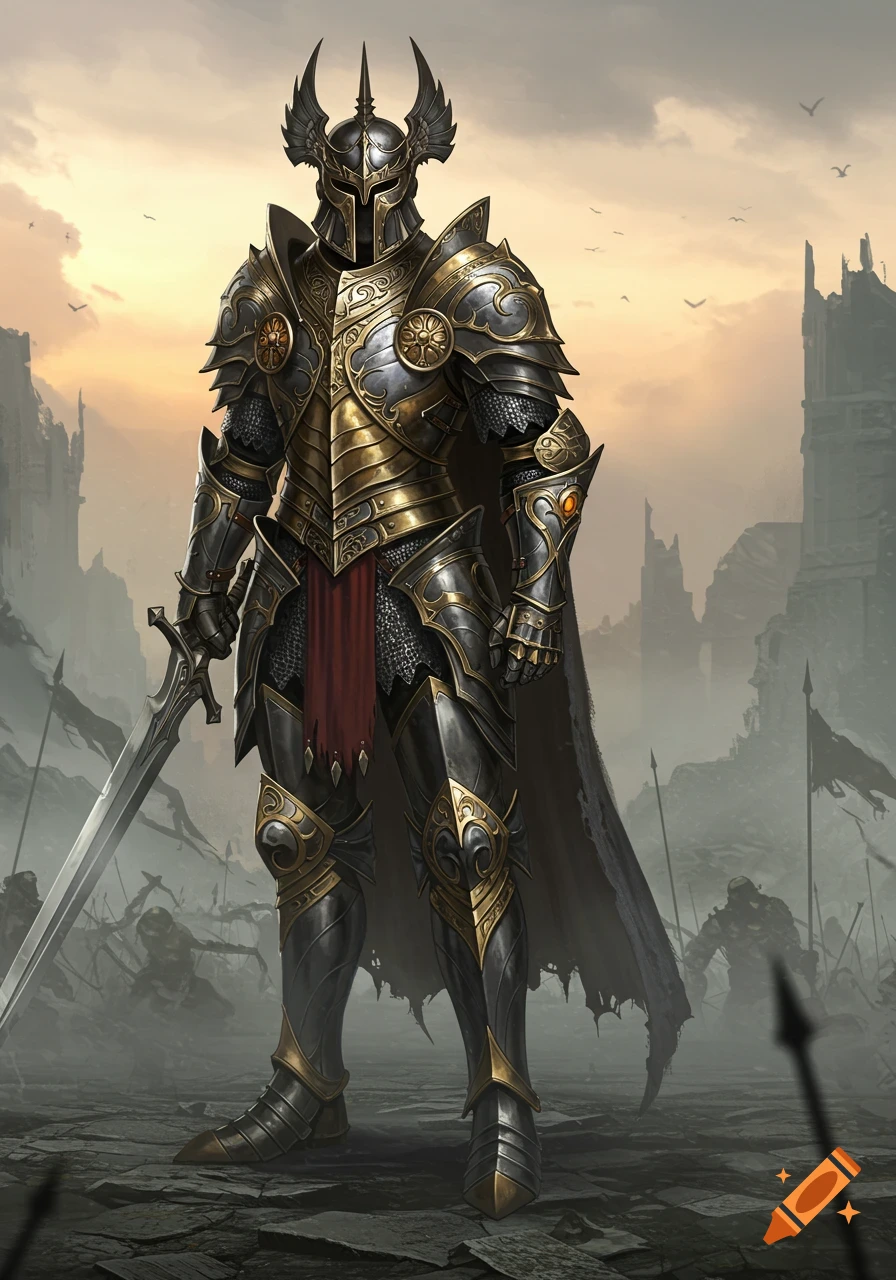 A fantasy knight in ornate gold and silver armor stands on a desolate, misty battlefield, holding a sword. Ruins are in the background.