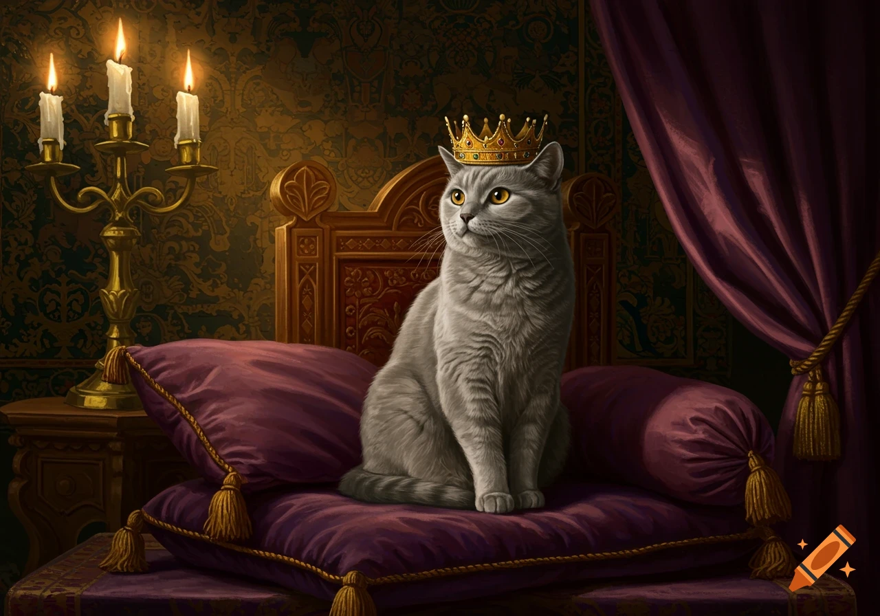 A majestic grey cat wearing a golden crown sits regally on purple pillows in a luxurious, dimly lit room.