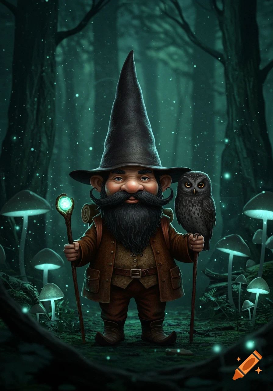Illustrative image of a gnome with a tall black hat, long black beard, holding a glowing staff and an owl, in a dark, magical forest with glowing mushrooms.