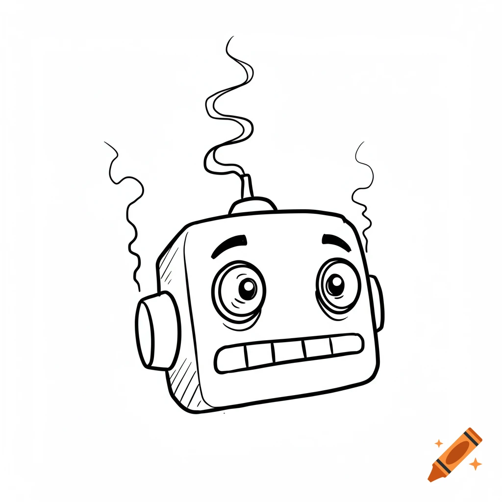 Black and white line drawing of a cartoon robot head with wide eyes and wavy lines suggesting smoke or steam.