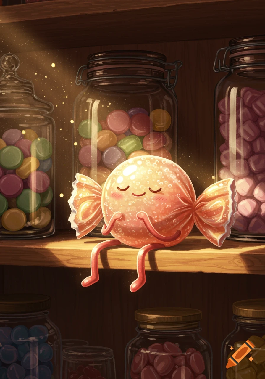 A happy, smiling cartoon candy with tiny arms and legs sits on a wooden shelf next to glass jars filled with colorful candies, bathed in golden light.
