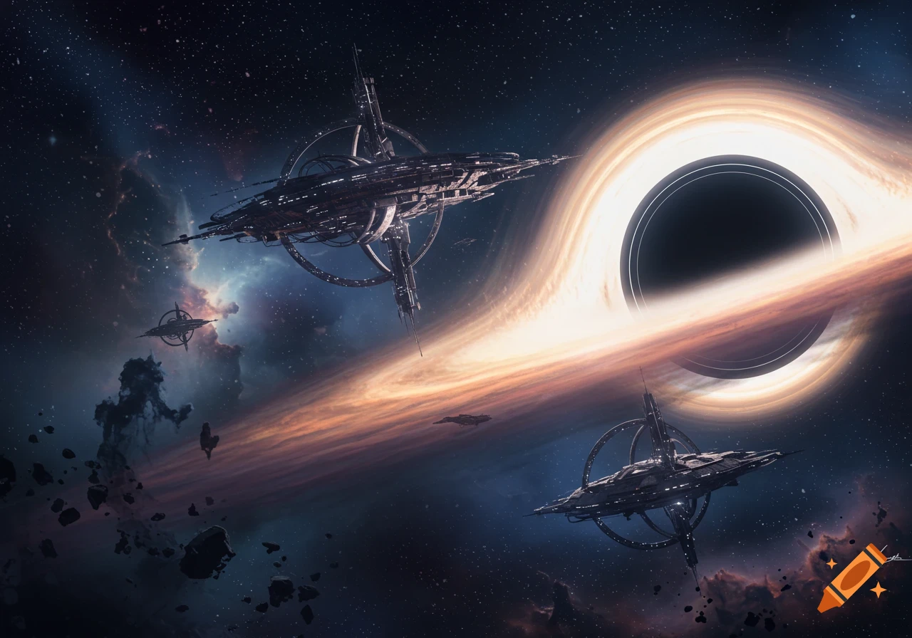 Several advanced spaceships with ring structures orbit a bright, swirling black hole in a star-filled galaxy.