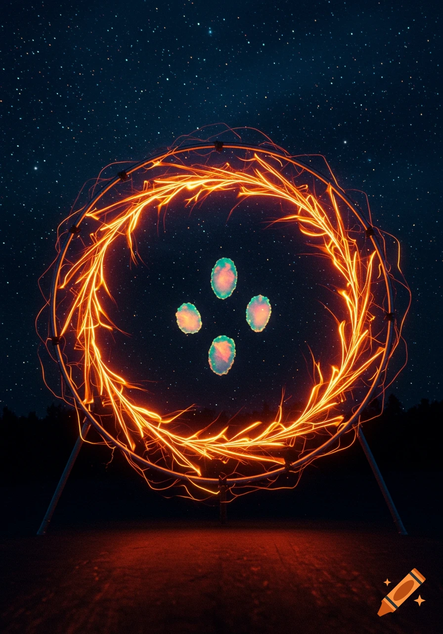 A glowing orange ring with four iridescent oval shapes inside stands under a dark, star-filled night sky.