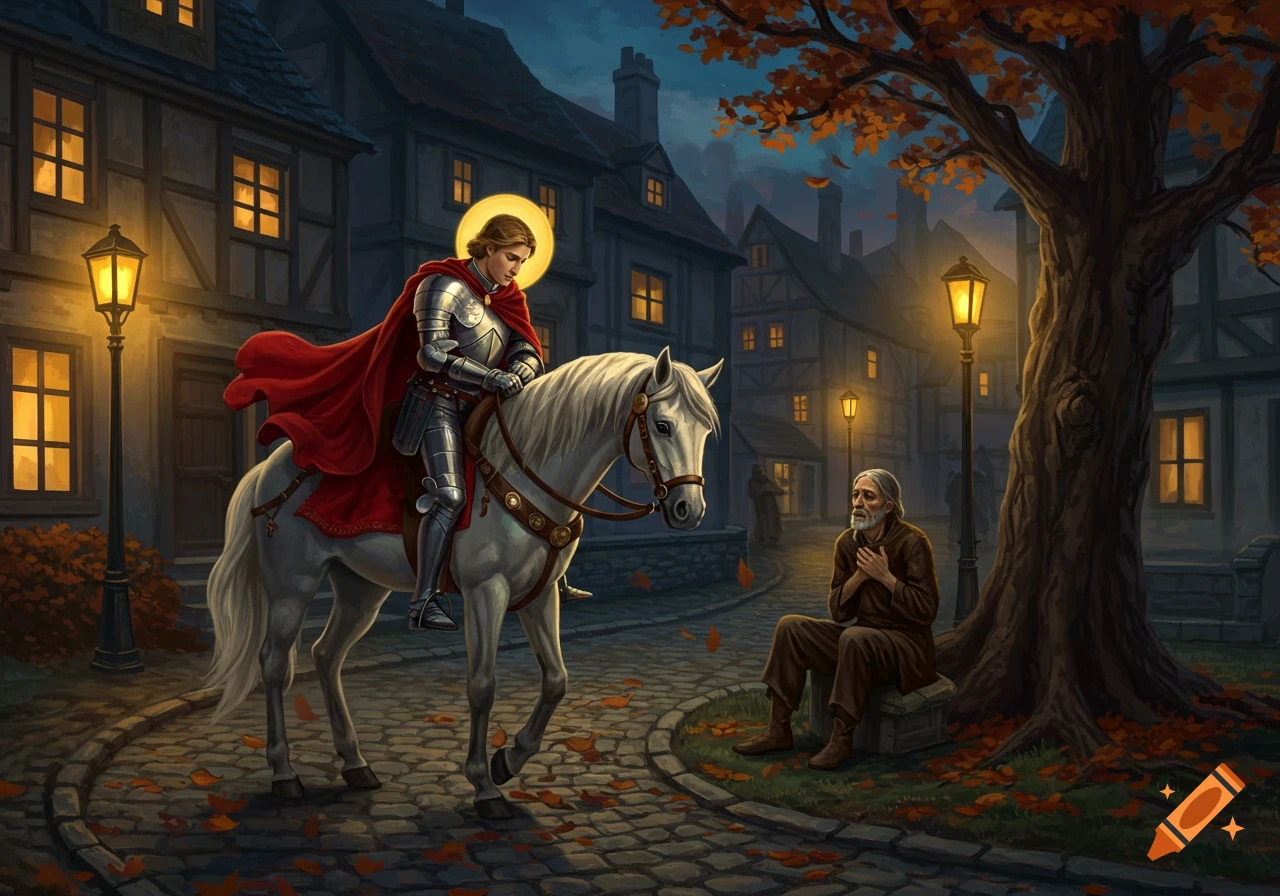 A knight on a white horse in a red cape looks at a seated beggar on a medieval town street at dusk, with glowing lanterns and autumn leaves.