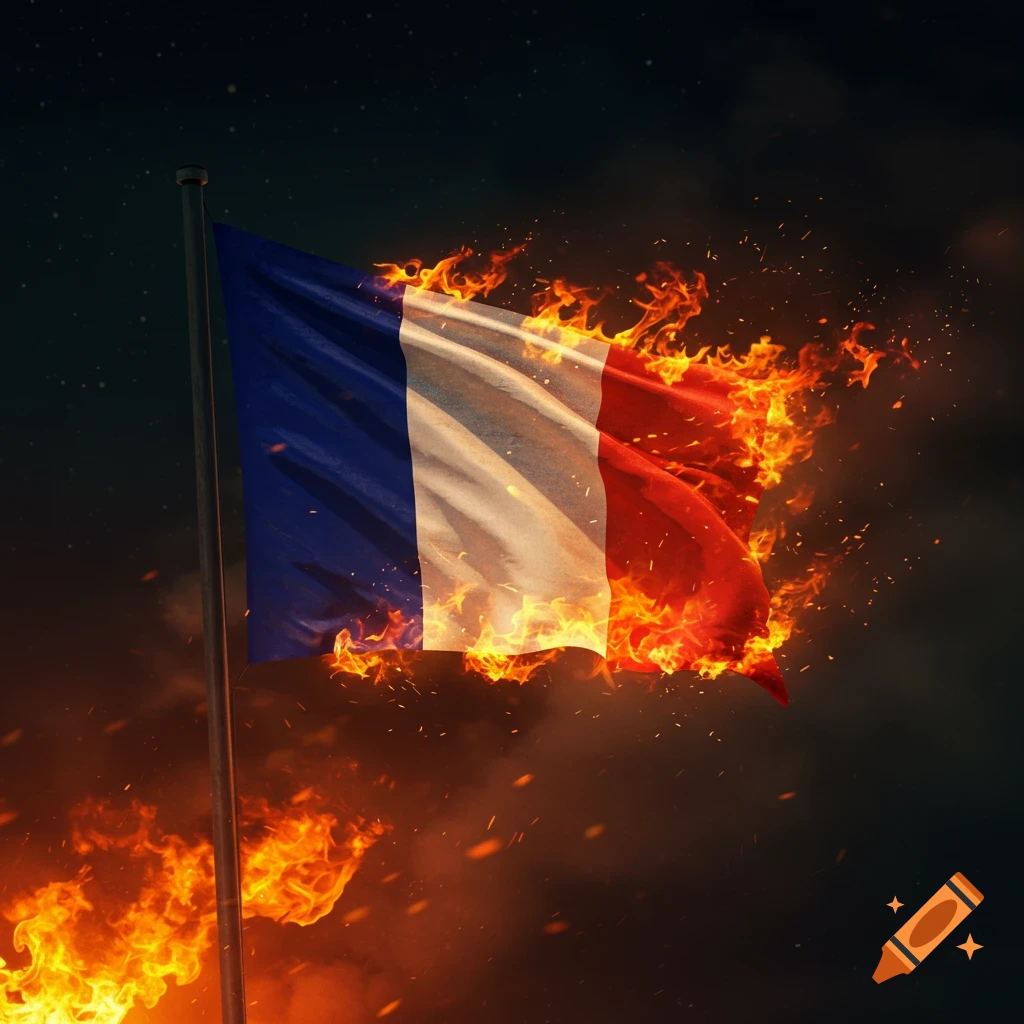 A French flag, blue, white, and red, engulfed in bright orange flames against a dark, night sky.