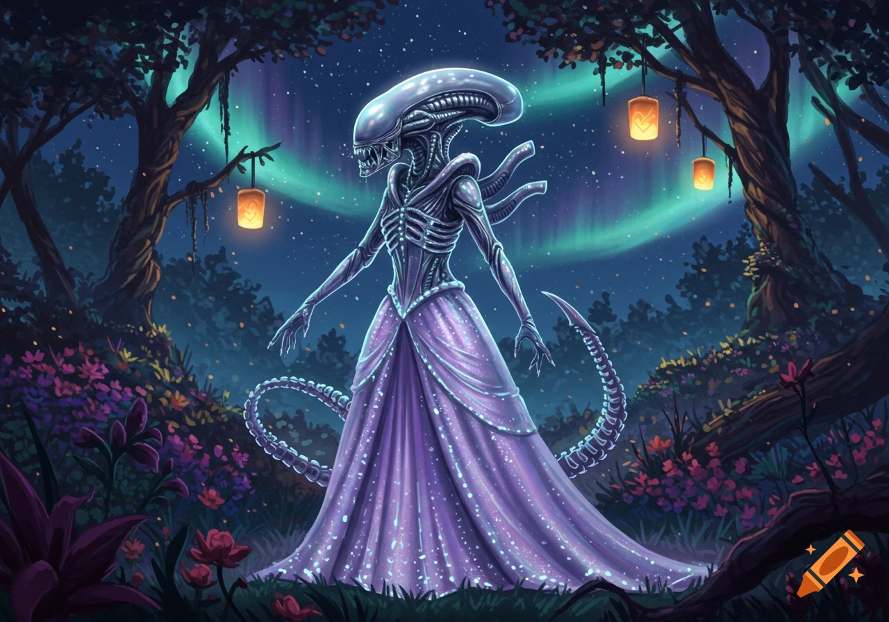 A stylized illustration of a Xenomorph in a flowing purple gown, standing in a magical forest at night under the aurora borealis.