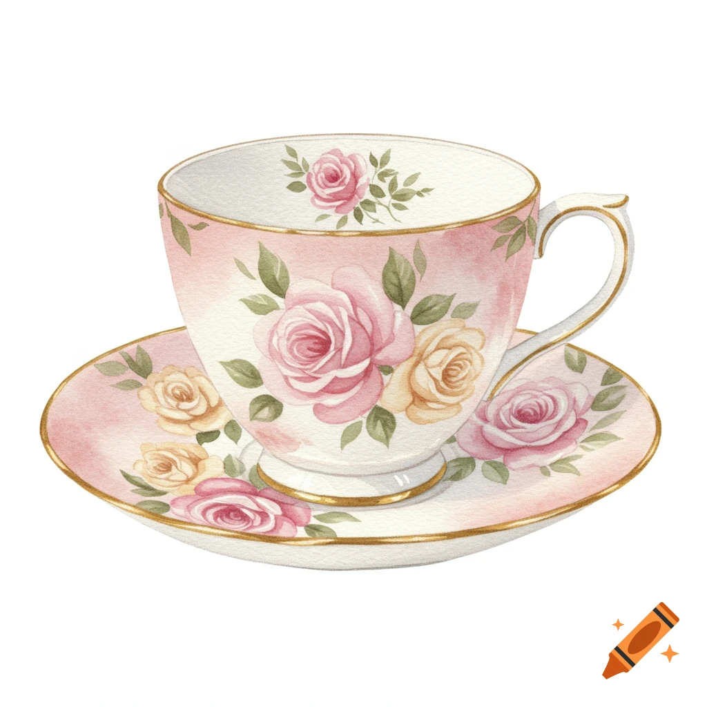 A watercolor illustration of a pink teacup and saucer with pastel rose decorations and gold trim, on a white background.