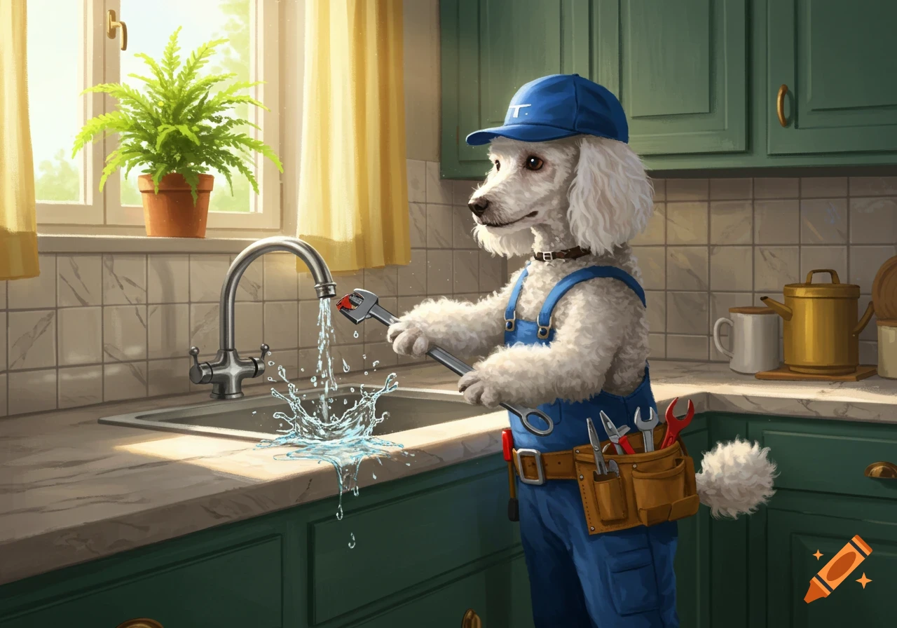 Cartoon white poodle plumber in blue overalls and cap, holding a wrench while fixing a leaky kitchen faucet with splashing water.