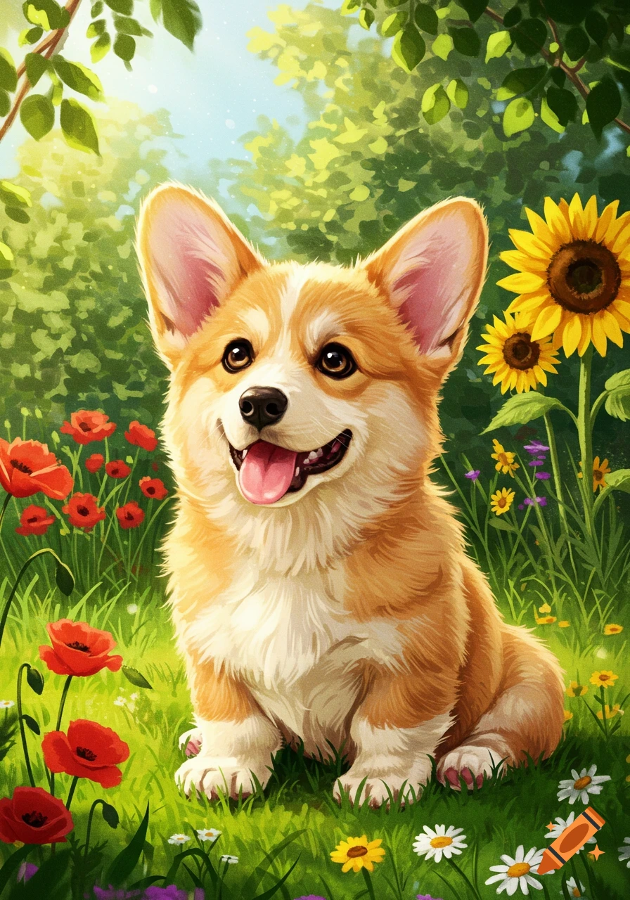 Happy Corgi puppy sits in a lush green field with red poppies and yellow sunflowers, illustrated in a bright, cheerful style.