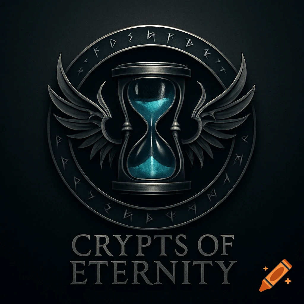A dark, metallic logo featuring a winged hourglass with glowing blue sand, surrounded by a runic circle, above the text "CRYPTS OF ETERNITY".