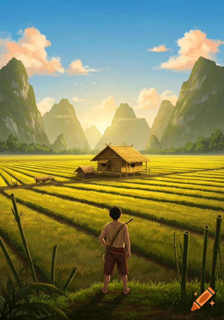 Anime-style illustration of a young man looking over a golden rice field with a traditional bamboo house and towering mountains at sunset.