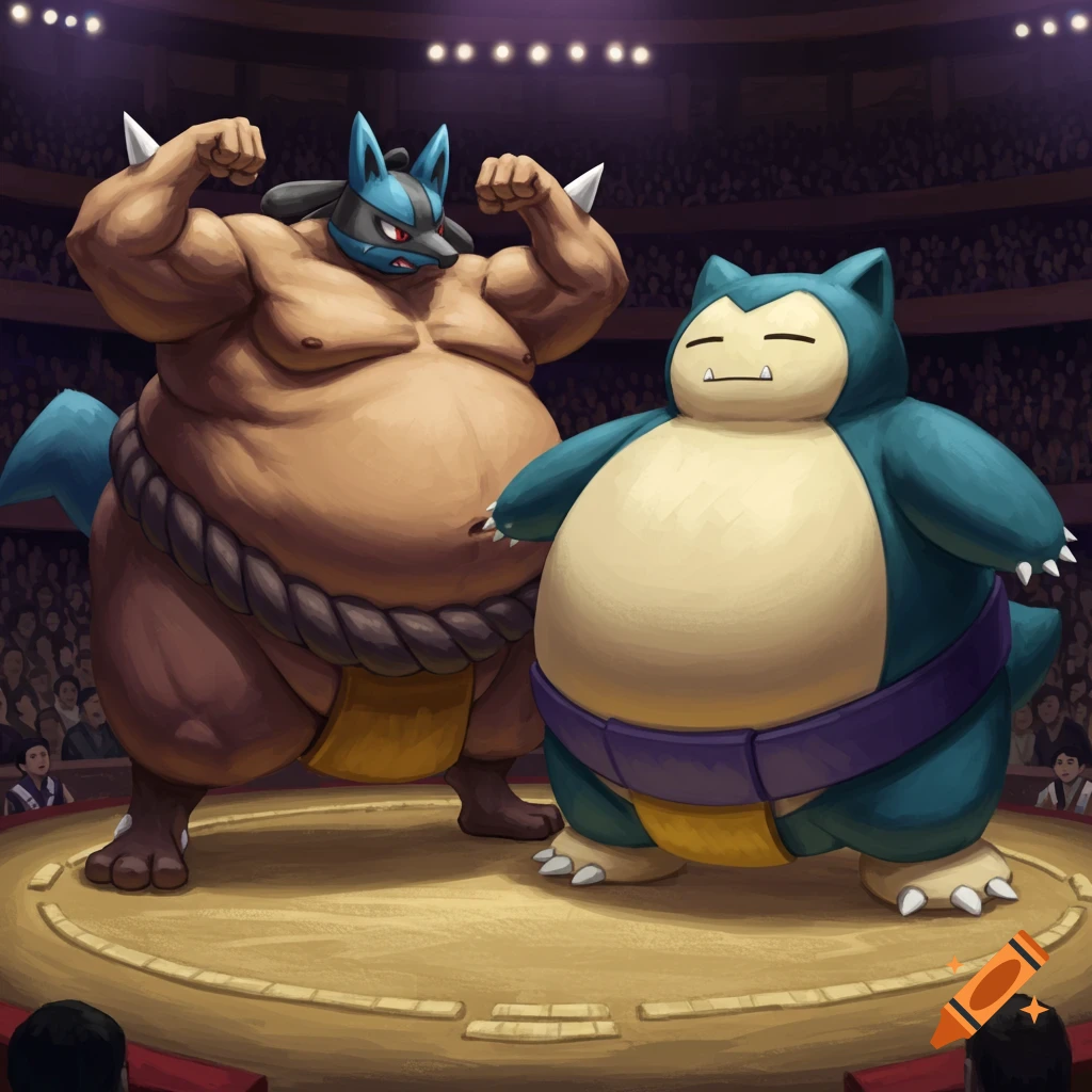 Muscular Sumo Lucario and giant Sumo Snorlax face off in a wrestling ring, with a crowd watching.