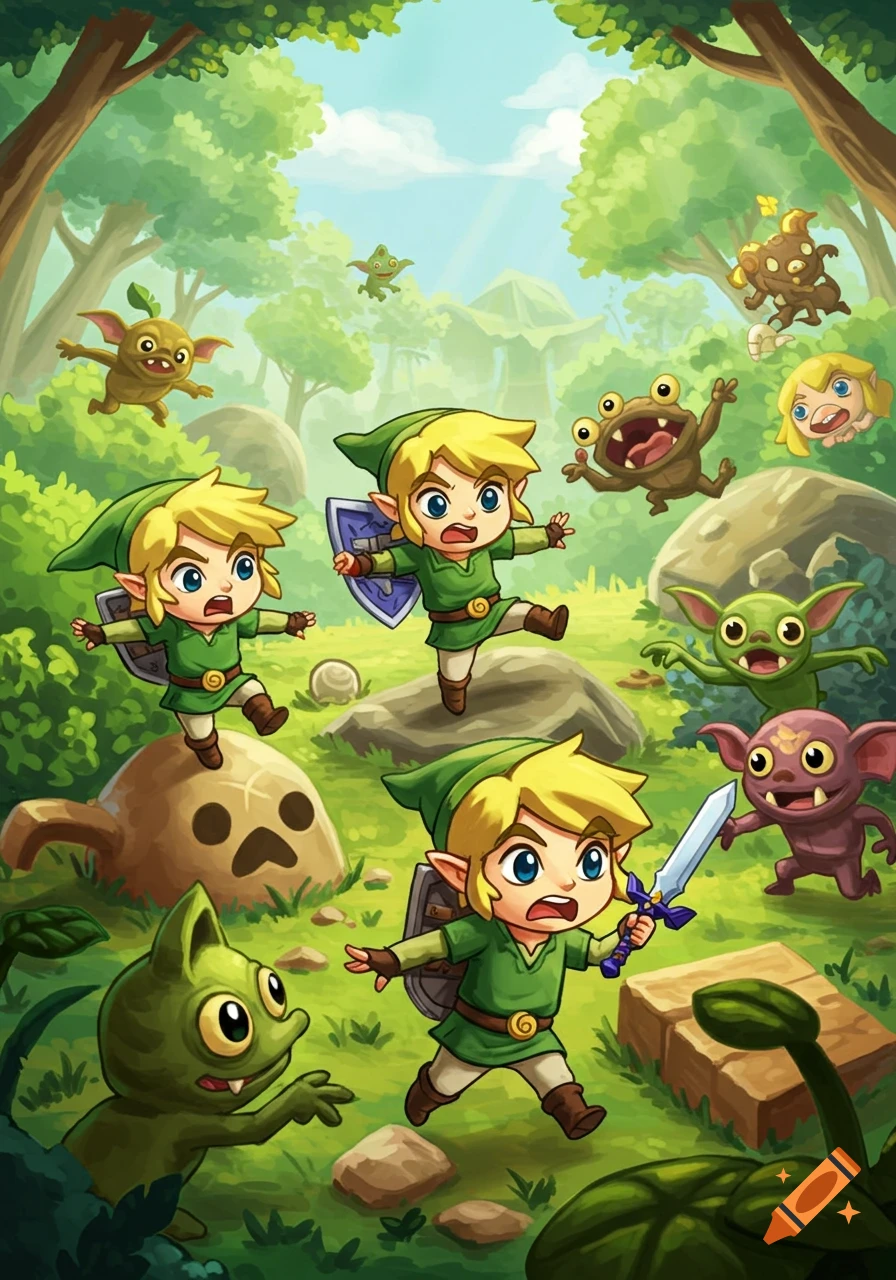 Multiple chibi Link characters, armed with swords and shields, run through a bright green forest while being chased by various cute, cartoonish monsters.